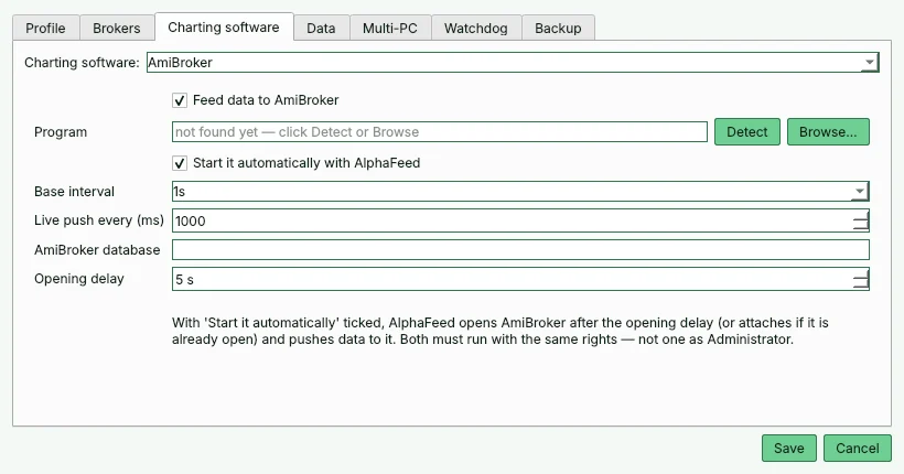 Charting software settings with AmiBroker selected, feed and auto-start ticked, base interval 1 second