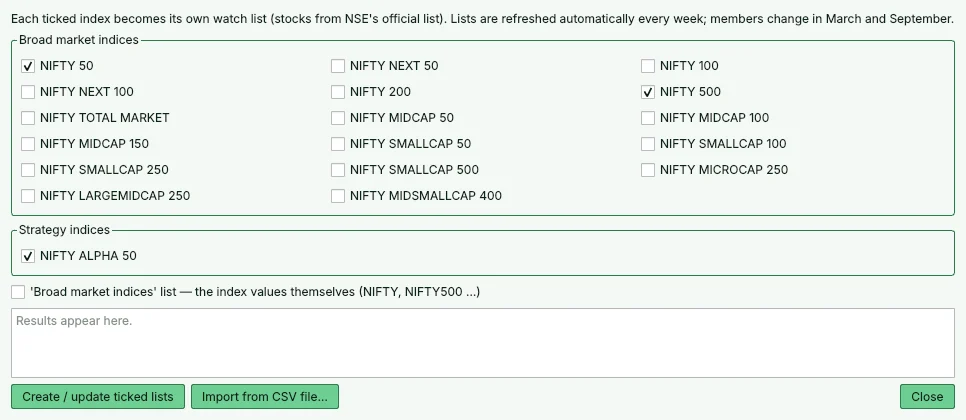 Index watch lists window with NIFTY 50, NIFTY 500 and NIFTY ALPHA 50 ticked