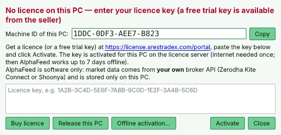 Licence window with machine ID, licence key box and buttons to buy, release this PC, activate offline and activate