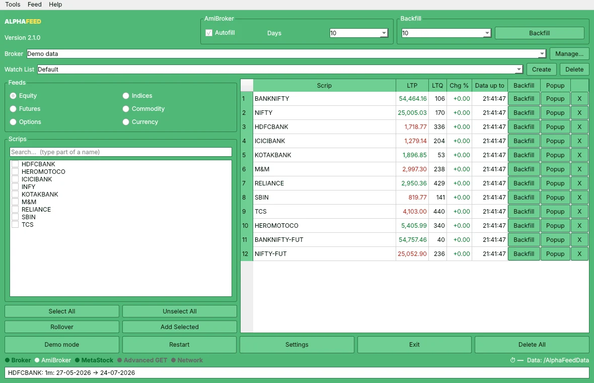 AlphaFeed main window: watch list with live prices, last quantity, change and the time each symbol's data is up to